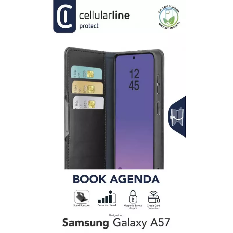 Cellularline Book Agenda 2 - Capa estilo livro em pele sintética para Galaxy A57 com fecho magnético, função de suporte e proteção RFID/NFC para cartões sem contacto.