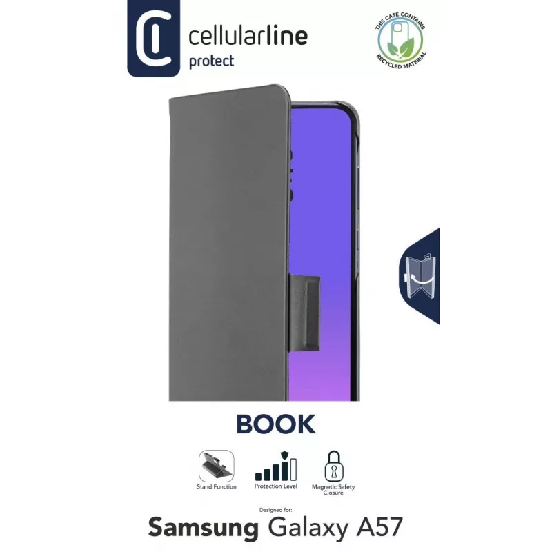 Cellularline Book - Capa estilo livro para Galaxy A57 com compartimento para cartões, fecho magnético e acesso total a botões e ligações.