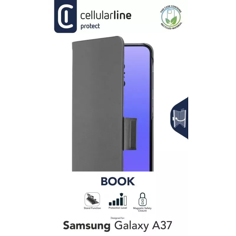 Cellularline BOOK 3 – Capa estilo livro para Galaxy A37 com fecho magnético, compartimento para cartões e remoção fácil dos cartões. Protege o seu telefone sem bloquear o acesso a botões e ligações.
