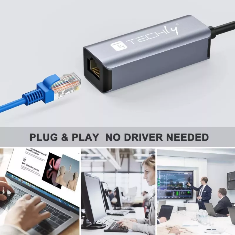 Techly IDATA USB-ETGIGA-AA Docking station/replicador de portas para portátil Com fios USB 3.2 Gen 1 (3.1 Gen 1) Type-A Preto, Prateado