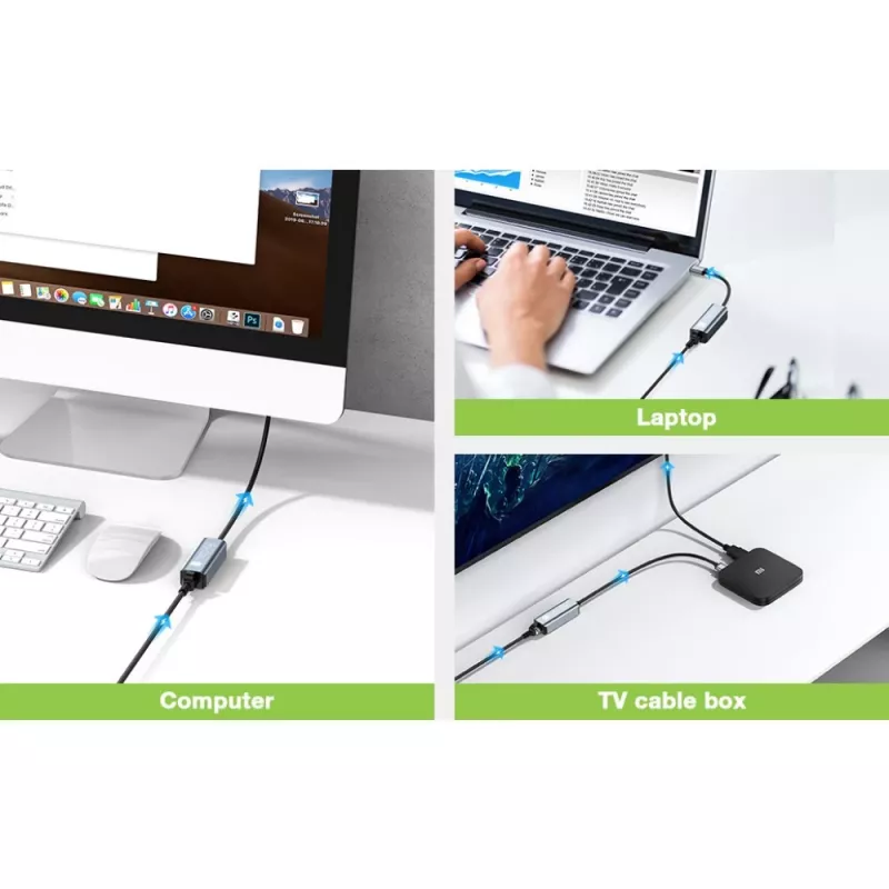 Techly IDATA USB-ETGIGA-AA Docking station/replicador de portas para portátil Com fios USB 3.2 Gen 1 (3.1 Gen 1) Type-A Preto, Prateado