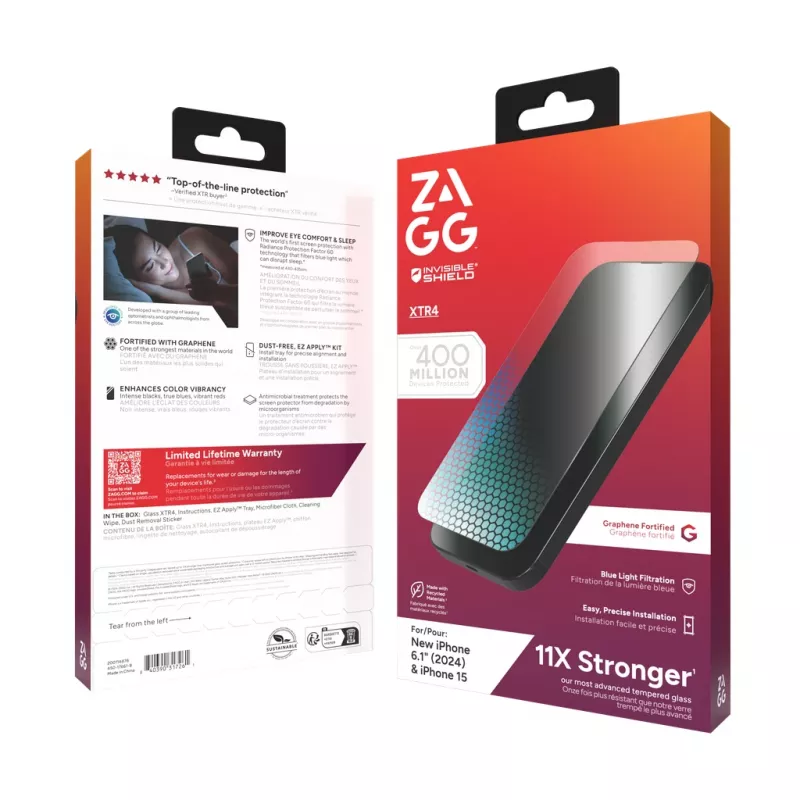 InvisibleShield Glass XTR4 Apple iPhone 16/15 ecrã, Apple, iPhone 16/iPhone 15, antibacteriano, proteção contra luz azul, resistente ao pó, resistente a riscos, transparente, 1 unid.
