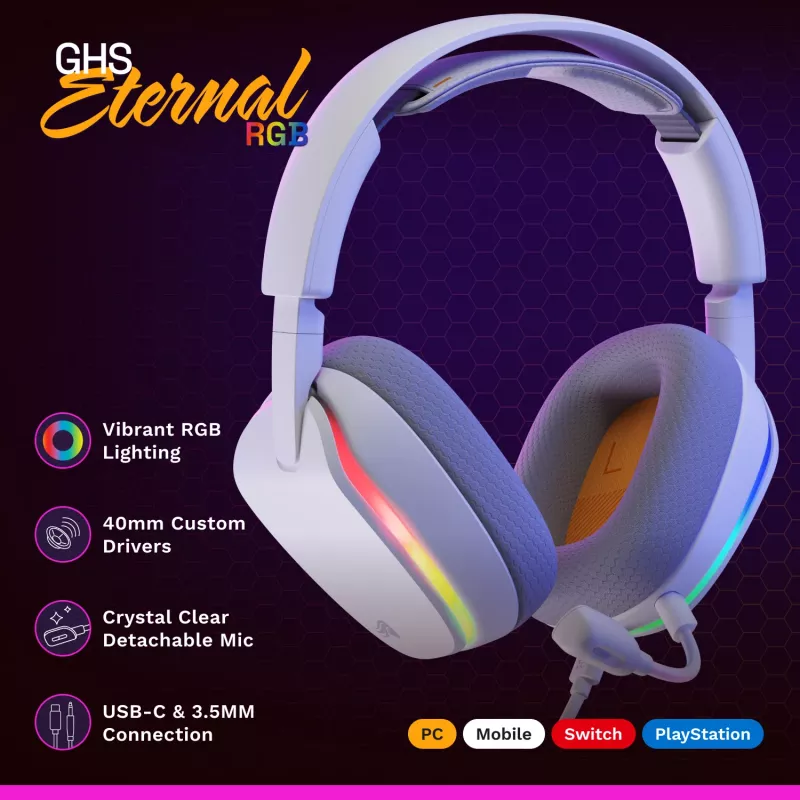Glorious Gaming Glorious GHS Eternal RGB - headset gaming estéreo RGB para PC, PS5, PS4, Switch - drivers angulares com afinação individual, microfone removível ajustável e cristalino, USB-C - durável, conforto para todo o dia e noite - branco