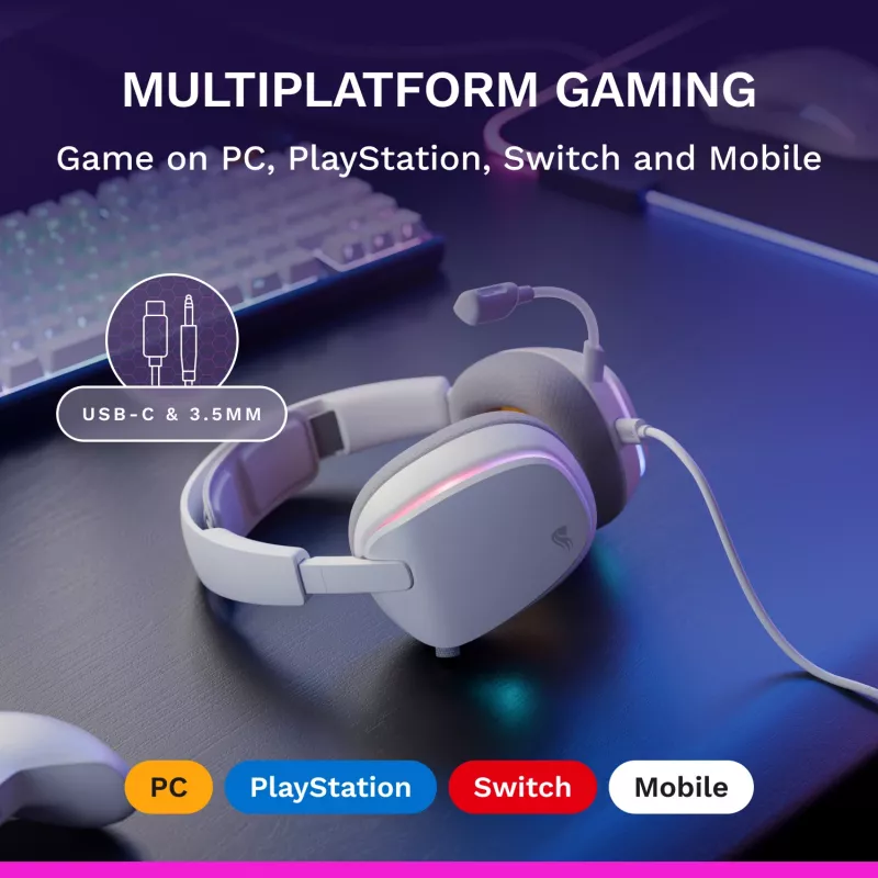 Glorious Gaming Glorious GHS Eternal RGB - headset gaming estéreo RGB para PC, PS5, PS4, Switch - drivers angulares com afinação individual, microfone removível ajustável e cristalino, USB-C - durável, conforto para todo o dia e noite - branco