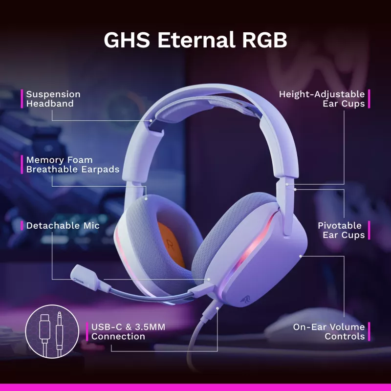 Glorious Gaming Glorious GHS Eternal RGB - headset gaming estéreo RGB para PC, PS5, PS4, Switch - drivers angulares com afinação individual, microfone removível ajustável e cristalino, USB-C - durável, conforto para todo o dia e noite - branco