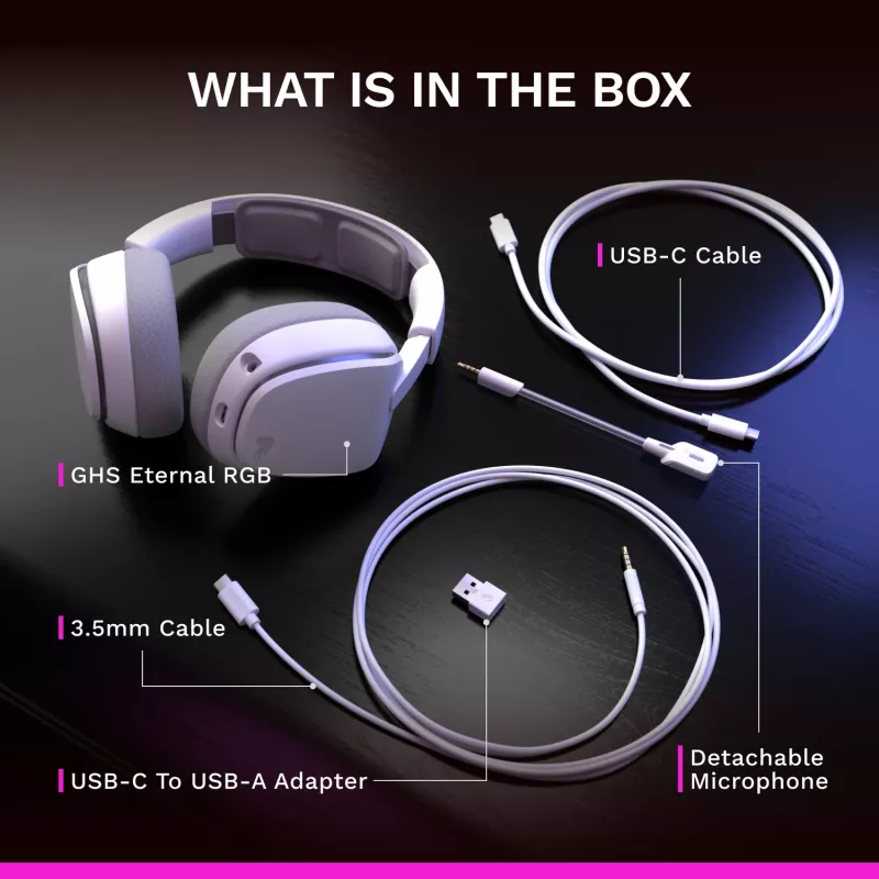 Glorious Gaming Glorious GHS Eternal RGB - headset gaming estéreo RGB para PC, PS5, PS4, Switch - drivers angulares com afinação individual, microfone removível ajustável e cristalino, USB-C - durável, conforto para todo o dia e noite - branco