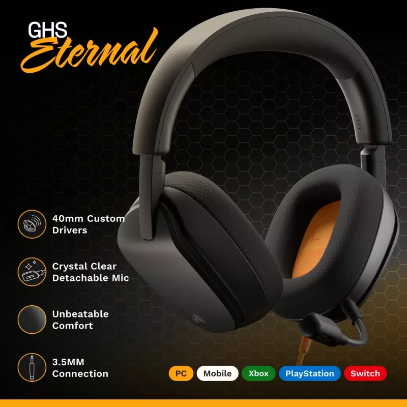 Glorious Gaming Glorious GHS Eternal - headset gaming estéreo para PC, PS5, PS4, Xbox, Switch - drivers angulares com afinação individual, microfone removível ajustável e cristalino, 3,5 mm - robusto, conforto para todo o dia e noite - preto