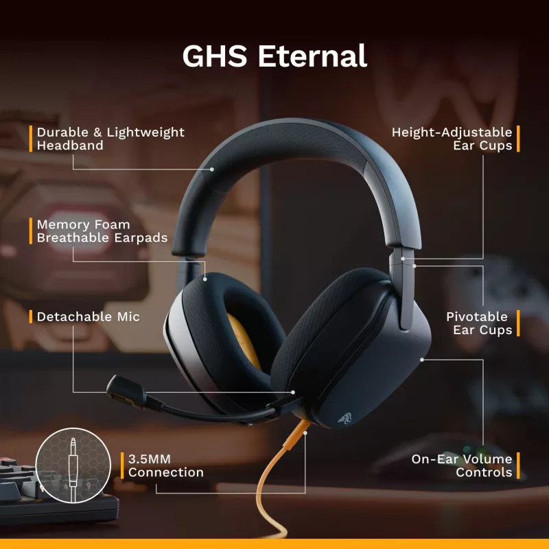 Glorious Gaming Glorious GHS Eternal - headset gaming estéreo para PC, PS5, PS4, Xbox, Switch - drivers angulares com afinação individual, microfone removível ajustável e cristalino, 3,5 mm - robusto, conforto para todo o dia e noite - preto