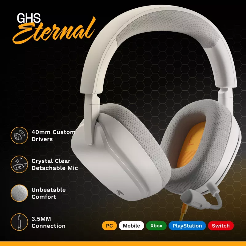 Glorious Gaming Glorious GHS Eternal - headset gaming estéreo para PC, PS5, PS4, Xbox, Switch - drivers angulares com afinação especial, microfone removível ajustável e cristalino, 3,5 mm - durável, conforto para todo o dia e noite - branco