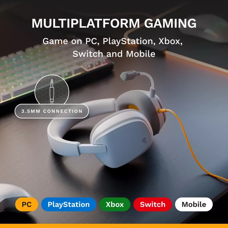 Glorious Gaming Glorious GHS Eternal - headset gaming estéreo para PC, PS5, PS4, Xbox, Switch - drivers angulares com afinação especial, microfone removível ajustável e cristalino, 3,5 mm - durável, conforto para todo o dia e noite - branco