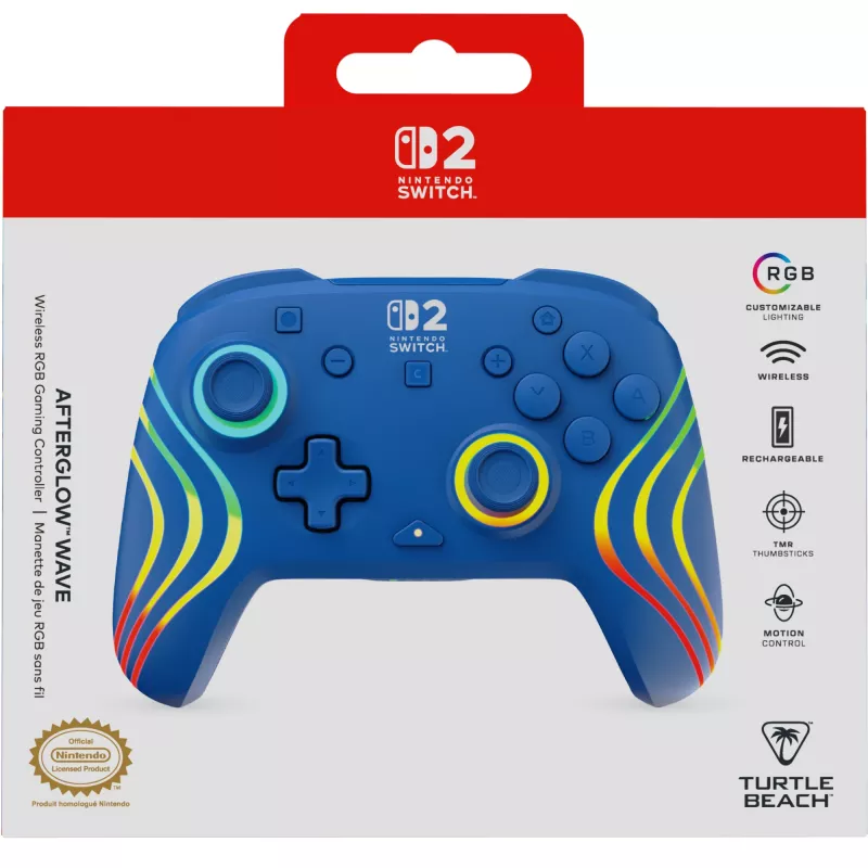 Comando com fios e sem fios Turtle Beach Afterglow Wave Blue para Nintendo Switch 2 – Bluetooth/USB-C, RGB, bateria integrada de 20 horas, cabo de 3 m