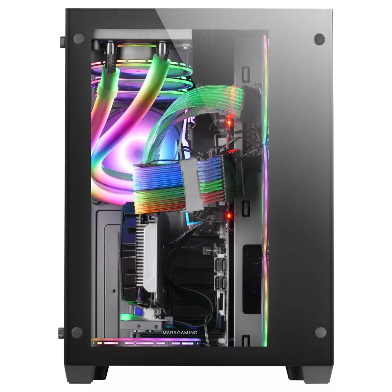 Mars Gaming MCV3 preto Custom XXL torre gaming E-ATX janela frontal e lateral em vidro temperado estrutura modular de câmara dupla