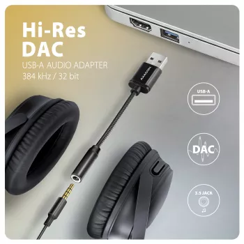 Axagon ADA-HA adaptador de áudio USB-A para jack de 3,5 mm Hi-Res DAC, 384 kHz/32 Bit, estéreo