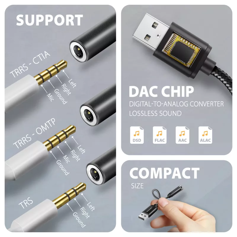 Axagon ADA-HA adaptador de áudio USB-A para jack de 3,5 mm Hi-Res DAC, 384 kHz/32 Bit, estéreo