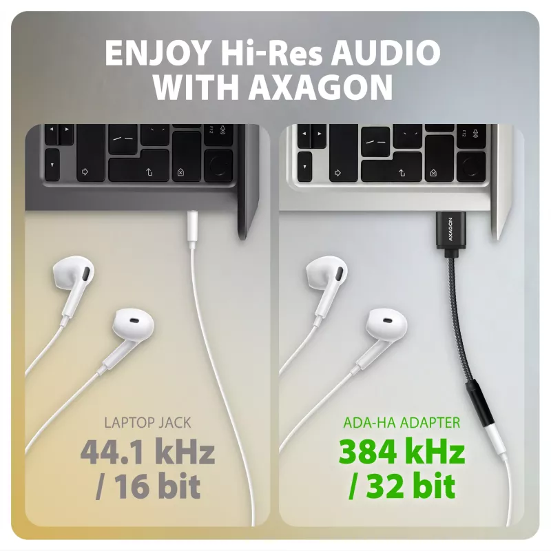 Axagon ADA-HA adaptador de áudio USB-A para jack de 3,5 mm Hi-Res DAC, 384 kHz/32 Bit, estéreo
