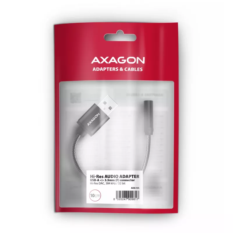 Axagon ADA-HA adaptador de áudio USB-A para jack de 3,5 mm Hi-Res DAC, 384 kHz/32 Bit, estéreo