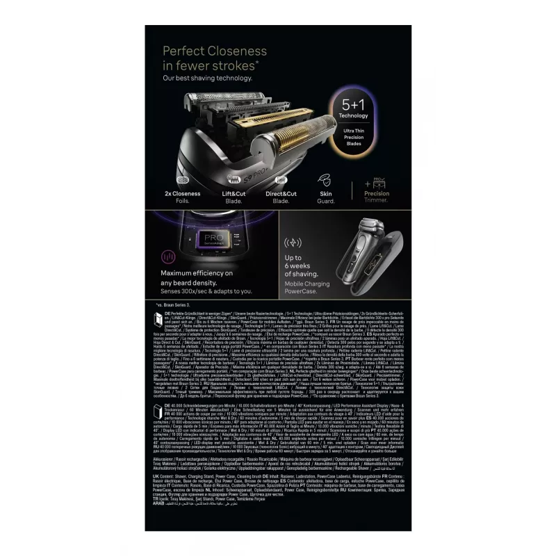 Máquina de barbear Braun Series 9 Pro+ 9625s – grafite, 5 cabeças de corte, bateria de iões de lítio, aparador, molhado e seco