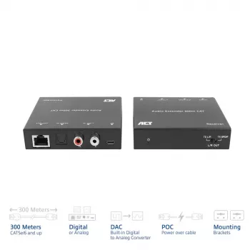Conjunto extensor de áudio ACT AC7710 — digital/analógico sobre Cat5e/Cat6 com DAC, TOSLINK I/O, até 300 m, alimentado por USB 5V