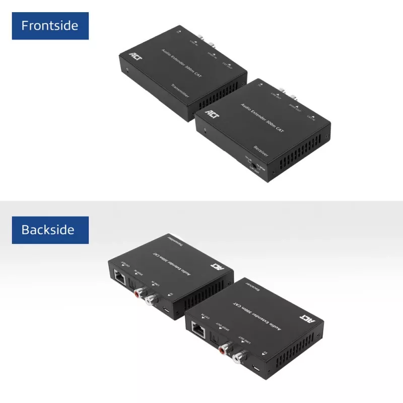 Conjunto extensor de áudio ACT AC7710 — digital/analógico sobre Cat5e/Cat6 com DAC, TOSLINK I/O, até 300 m, alimentado por USB 5V