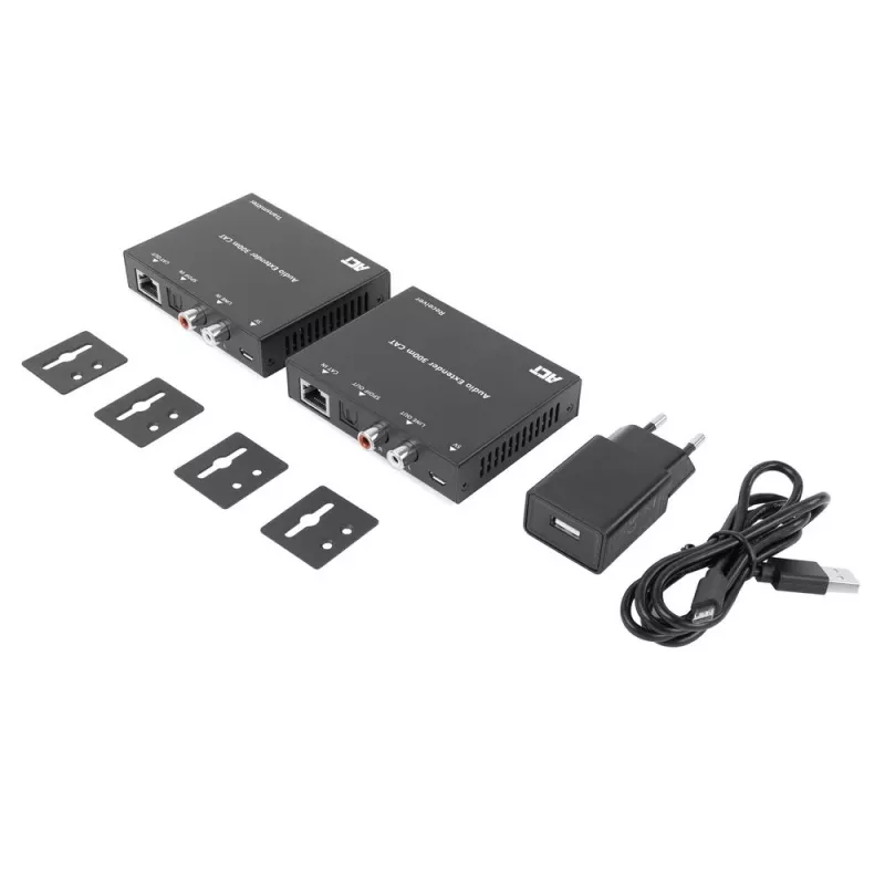 Conjunto extensor de áudio ACT AC7710 — digital/analógico sobre Cat5e/Cat6 com DAC, TOSLINK I/O, até 300 m, alimentado por USB 5V