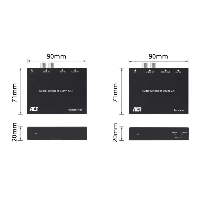 Conjunto extensor de áudio ACT AC7710 — digital/analógico sobre Cat5e/Cat6 com DAC, TOSLINK I/O, até 300 m, alimentado por USB 5V