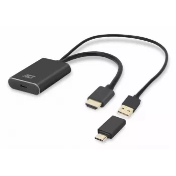 Adaptador ACT HDMI para conector fêmea USB Type-C, 4K@60Hz. Comprimento do cabo: 0,25 m, Ligação 1: USB Type-C, Ligação 2: HDMI + USB. Quantidade por embalagem: 1 unid.