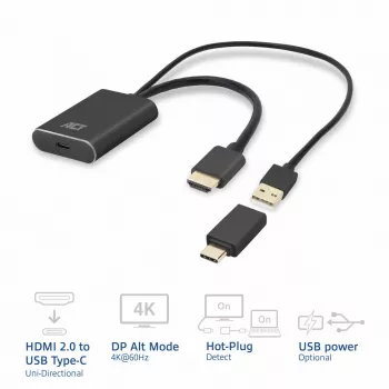 Adaptador ACT HDMI para conector fêmea USB Type-C, 4K@60Hz. Comprimento do cabo: 0,25 m, Ligação 1: USB Type-C, Ligação 2: HDMI + USB. Quantidade por embalagem: 1 unid.