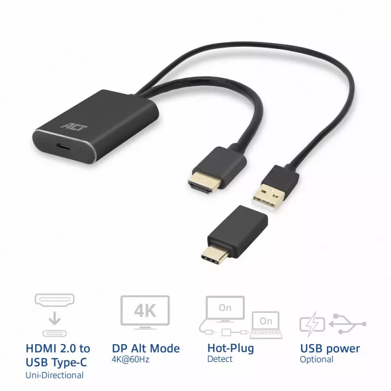 Adaptador ACT HDMI para conector fêmea USB Type-C, 4K@60Hz. Comprimento do cabo: 0,25 m, Ligação 1: USB Type-C, Ligação 2: HDMI + USB. Quantidade por embalagem: 1 unid.