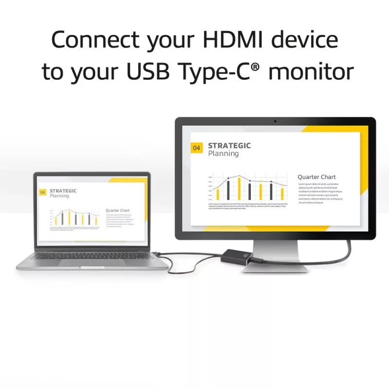Adaptador ACT HDMI para conector fêmea USB Type-C, 4K@60Hz. Comprimento do cabo: 0,25 m, Ligação 1: USB Type-C, Ligação 2: HDMI + USB. Quantidade por embalagem: 1 unid.