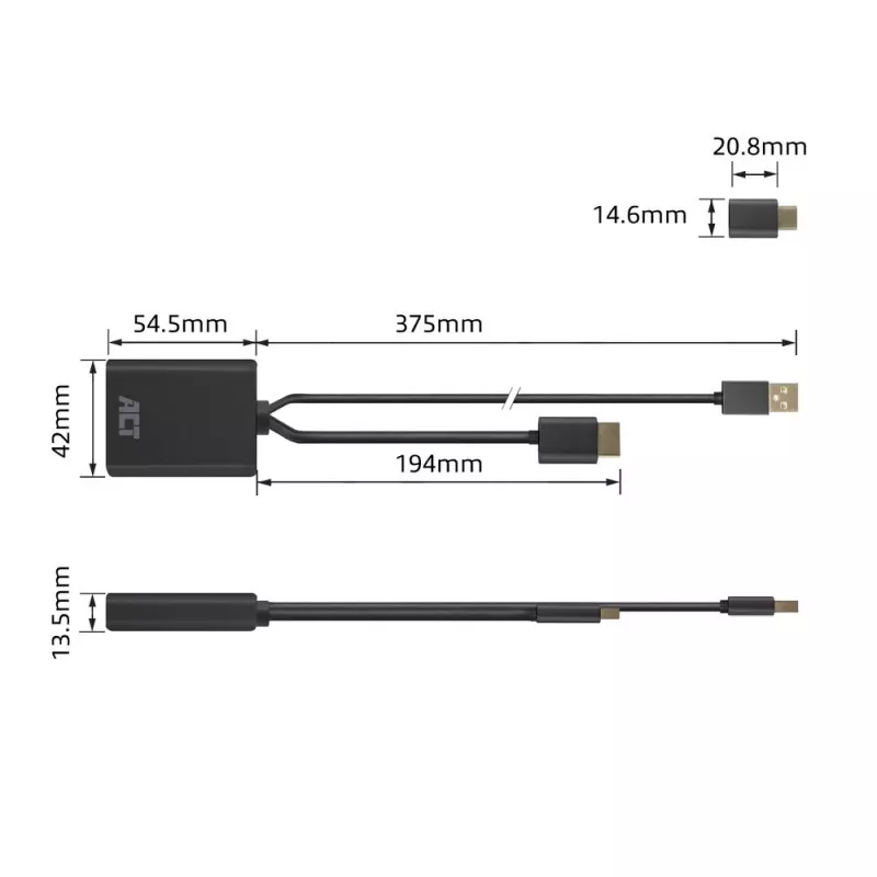 Adaptador ACT HDMI para conector fêmea USB Type-C, 4K@60Hz. Comprimento do cabo: 0,25 m, Ligação 1: USB Type-C, Ligação 2: HDMI + USB. Quantidade por embalagem: 1 unid.