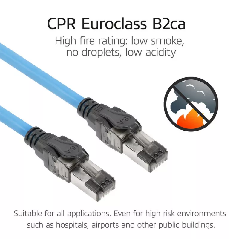 Cabo de instalação pré-montado ACT azul 60 metros S/FTP CAT6A B2ca PoE++ 100W condutor rígido, ficha RJ45 – ficha