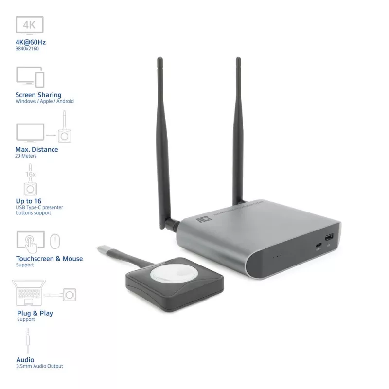ACT Aero 4K sistema de apresentação sem fios, desktop, preto, cinzento, 3840 x 2160, 2160p, USB Type-C, USB