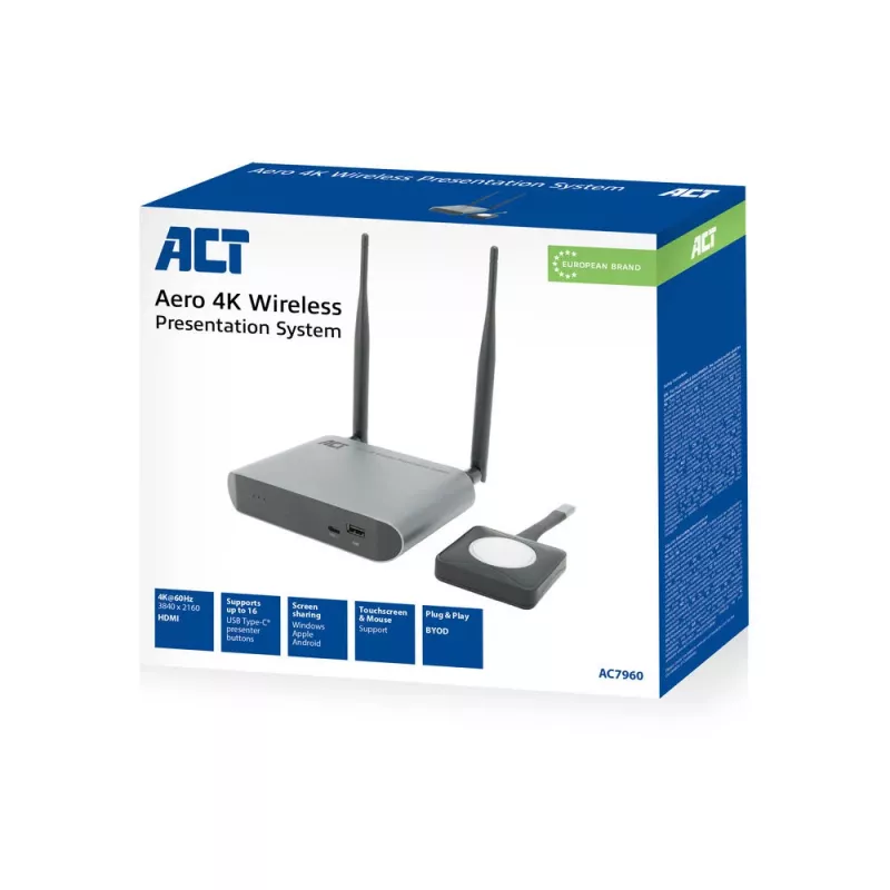 ACT Aero 4K sistema de apresentação sem fios, desktop, preto, cinzento, 3840 x 2160, 2160p, USB Type-C, USB