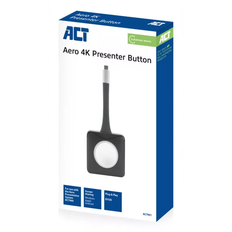 ACT Aero 4K botão presenter, kit de botões, preto, 1 unid., 3840 x 2160, sistema de apresentação sem fios Aero 4K, 0 - 40 °C