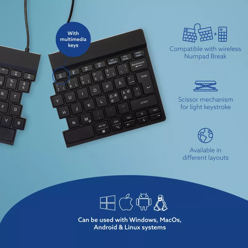 R-Go Tools teclado ergonómico R-Go Split Break com software de pausas, teclado dividido ergonómico, QWERTY (NÓRDICO), Bluetooth, preto