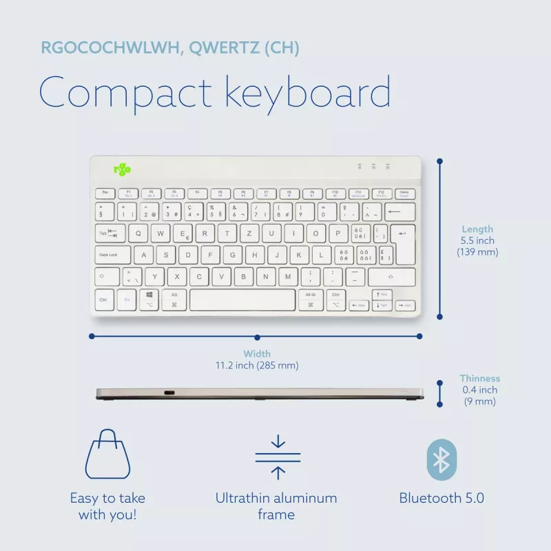 R-Go Tools teclado ergonómico R-Go Compact Break, teclado compacto com software de pausas, QWERTZ (CH), Bluetooth, branco