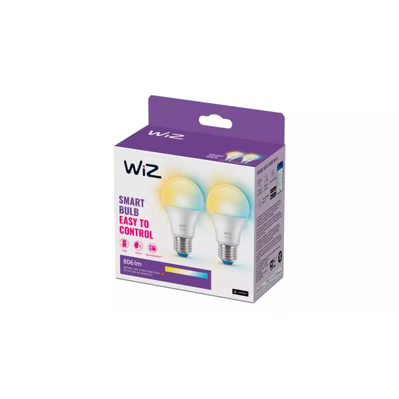 WiZ Bulb 60W A60 E27 x2, lâmpada inteligente, Wi-Fi/Bluetooth, branco, Wi-Fi 4 (802.11n), 802.11b, 802.11g, LED, E27