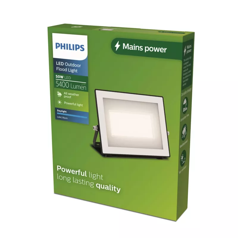 Aplique de parede exterior Philips Lois 50W LED, caixa metálica preta, 220–240V, LED não substituível