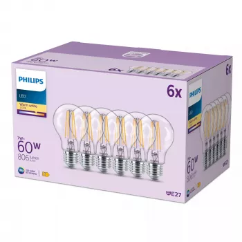 Lâmpada incandescente de filamento Philips clara 60 W A60 E27 x6, 7 W, 60 W, E27, 806 lm, 15000 h