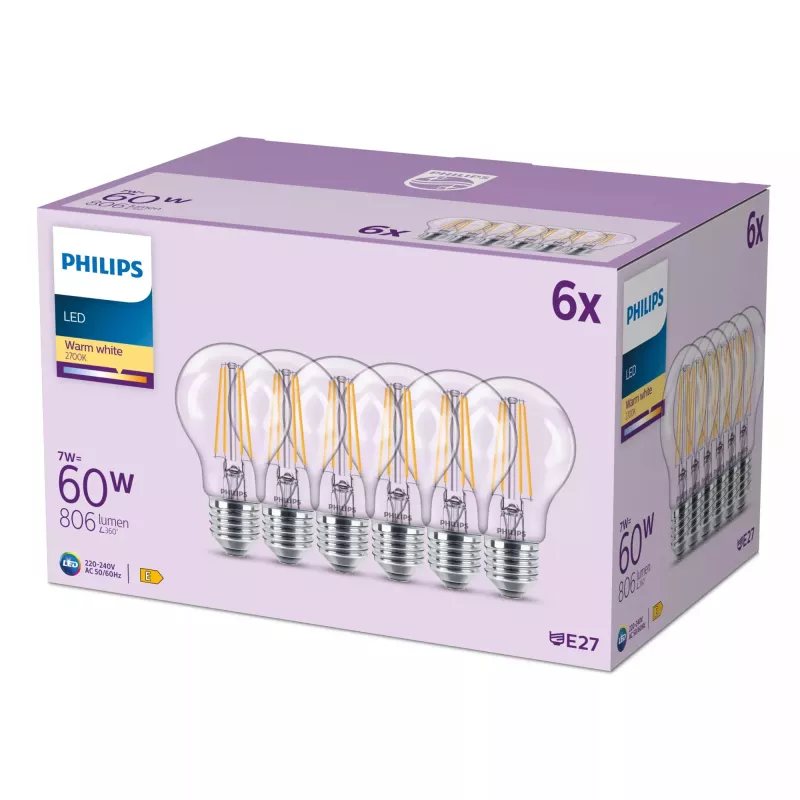 Lâmpada incandescente de filamento Philips clara 60 W A60 E27 x6, 7 W, 60 W, E27, 806 lm, 15000 h