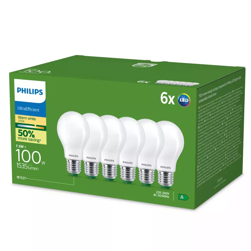 Philips Ultra Efficient lâmpada LED E27 A60, 7,3 W (equivalente a 100 W), 2700 K, pack de 6