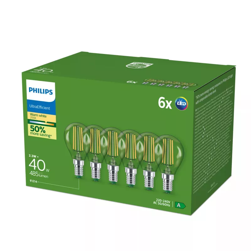 Philips Ultra Efficient lâmpada LED E14 P45, 2,1 W (equivalente a 40 W), 2700 K, pack de 6