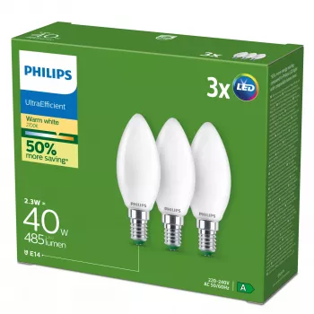 Philips Ultra Efficient lâmpada LED E14 B35, 2,1 W (equivalente a 40 W), 2700 K, pack de 3