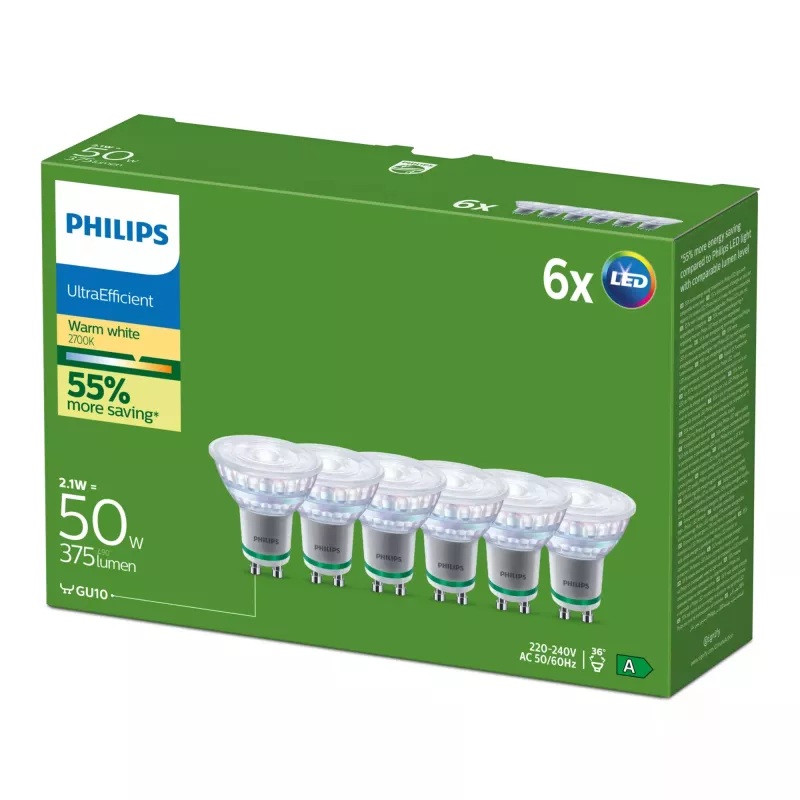 Philips Ultra Efficient lâmpada LED GU10, 2,1 W (equivalente a 50 W), 2700 K, 36 graus, pack de 6