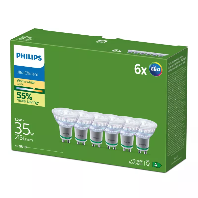 Philips Ultra Efficient lâmpada LED GU10, equivalente a 35 W, 2700 K, 36 graus, pack de 6