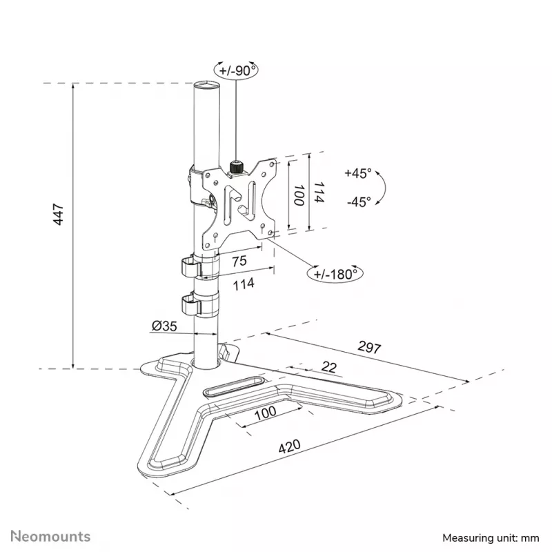 Suporte de monitor individual Neomounts DS45-600BL1 para ecrãs de 10–32 polegadas, VESA 75x75–100x100, máx. 9 kg, autónomo, preto