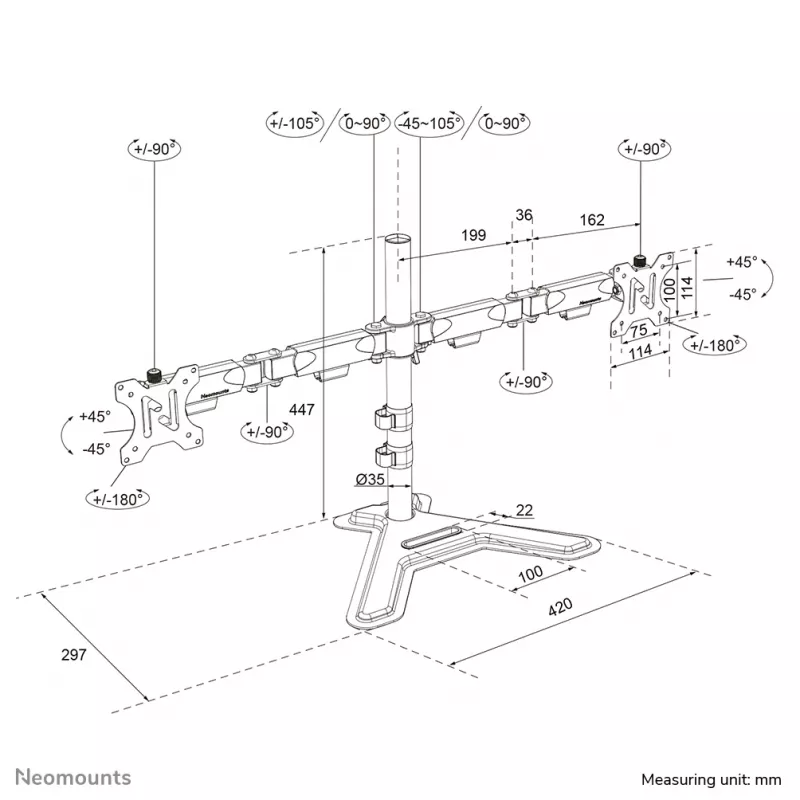 Suporte de monitor duplo Neomounts DS45-600BL2 para ecrãs de 10–32 polegadas, suporta 2 ecrãs, máx. 6 kg, VESA 75x75–100x100, autónomo, preto
