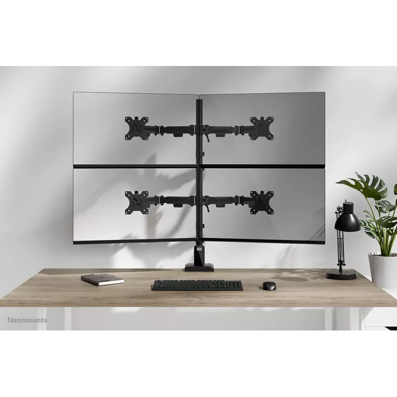 Braço de monitor quádruplo Neomounts DS60-600BL2-2 para ecrãs de 10–32 polegadas, VESA 75x75–100x100, capacidade máx. 8 kg, fixação/passagem pela mesa, preto