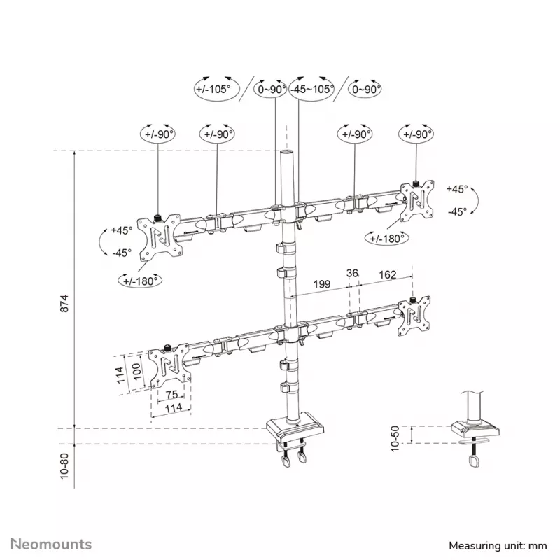 Braço de monitor quádruplo Neomounts DS60-600BL2-2 para ecrãs de 10–32 polegadas, VESA 75x75–100x100, capacidade máx. 8 kg, fixação/passagem pela mesa, preto