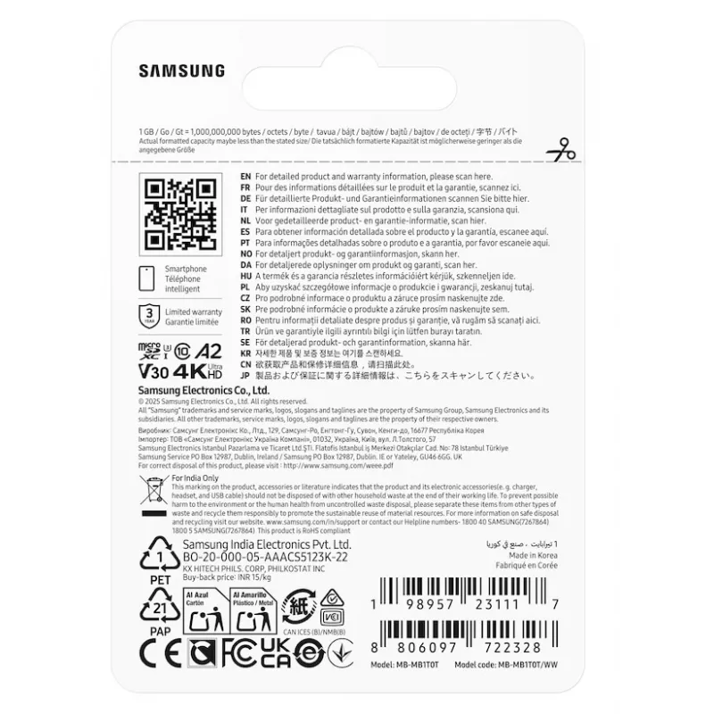Cartão microSD Samsung T7, 1 TB, MicroSDXC, UHS-I, 170 MB/s, Classe 3 (U3), V30